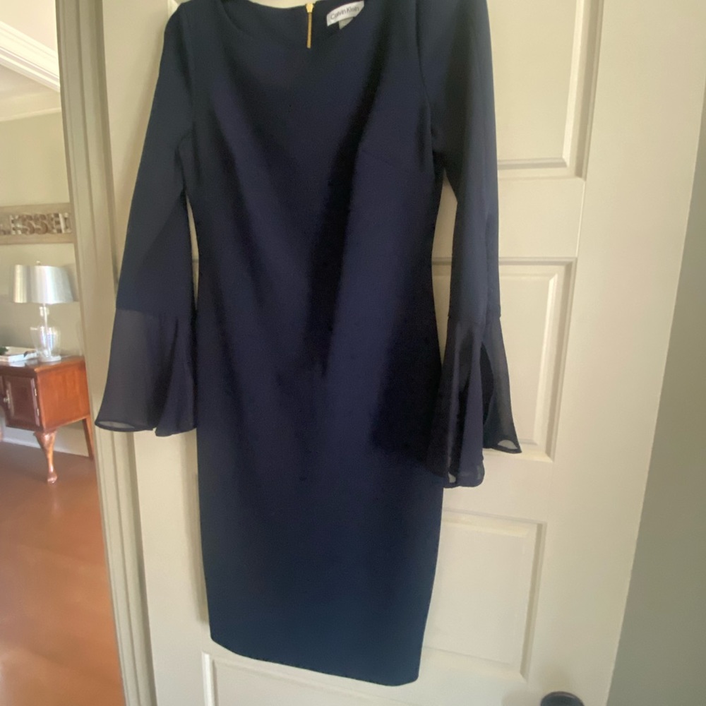 Calvin Klein Collection Blue Sheath Dress with Bell Sleeves